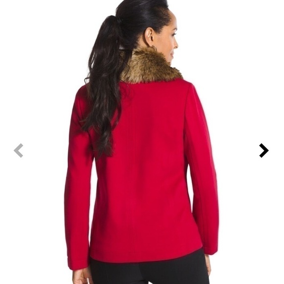 Chicos women’s large 12 coat jacket peacoat red faux fur collar stretch winter - Picture 6 of 9